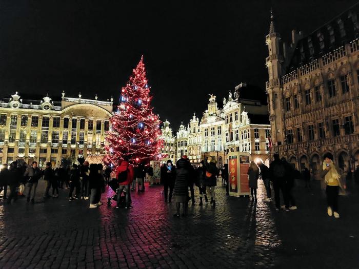 Brüsszel karácsonyfája idén különleges színben pompázik